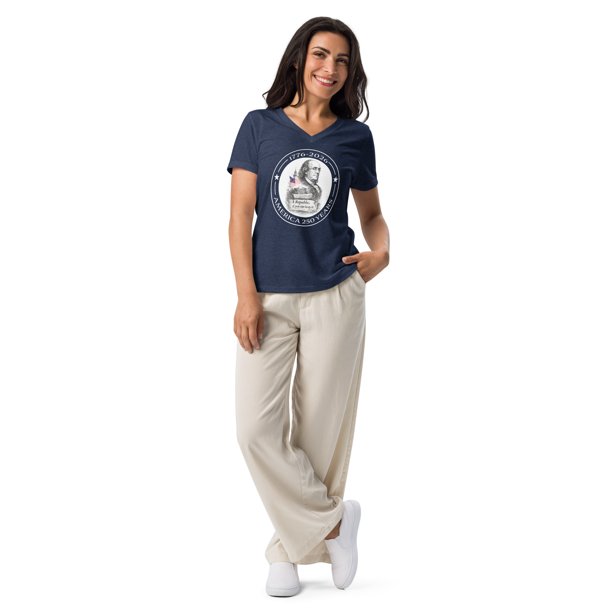 Benjamin Franklin America 250 Women's V-Neck T-Shirt | "A Republic, If You Can Keep It" Patriotic Founding Fathers Shirt - Image 2